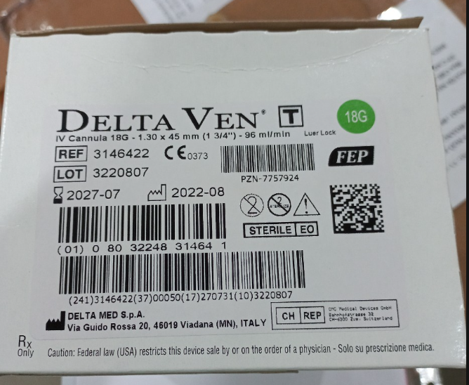 Kim luồn DeltaVen T 18G (Hộp 50 cái) - Ý