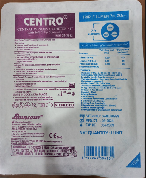 Catheter tĩnh mạch trung tâm 3 nòng (GS-3042) - Romsons/India