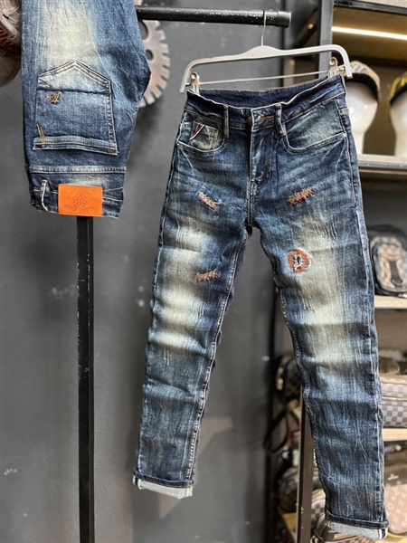 Jean Dài THREE- JD8009 xanh was rách mạng chỉ túi thêu