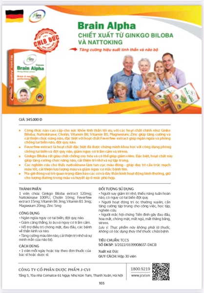Brain Alpha (Ginkgo Biloba extract) J-CVI, Viên uống bổ não (Hộp 2 vỉ x 15 viên)