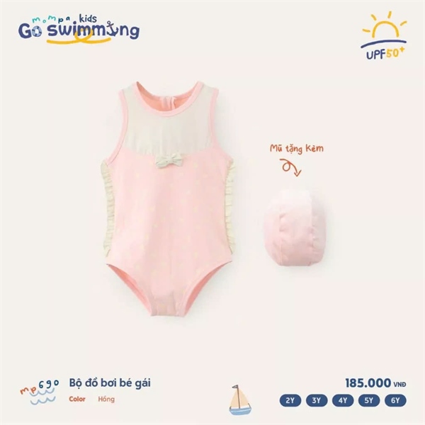 Mompa Body bơi BG sát nách chấm bi + mũ MP690 - Hồng