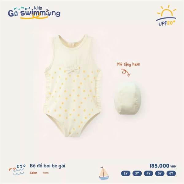 Mompa Body bơi BG sát nách chấm bi + mũ MP690 - Kem