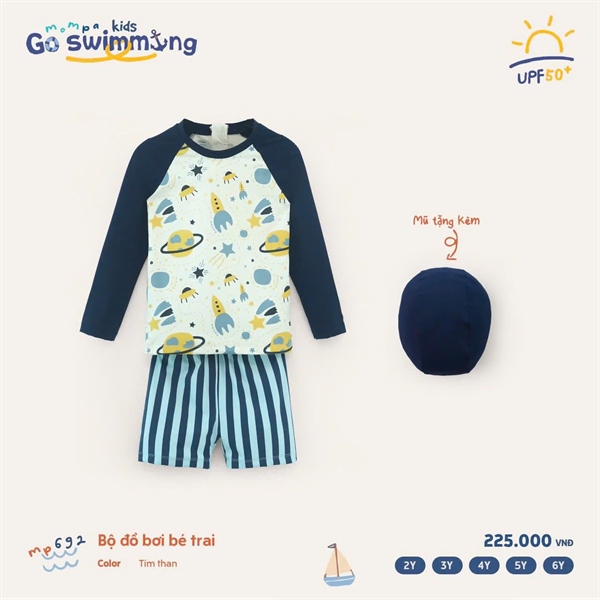 Mompa Bộ bơi BT tay dài + mũ MP692 - Tím than