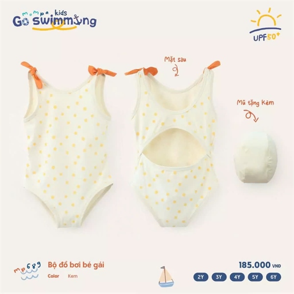 Mompa Body bơi BG sát nách hở lưng + mũ MP689 - Kem