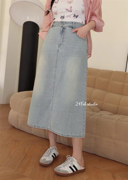 [K168] Chân váy jean xanh nhạt dáng A dài