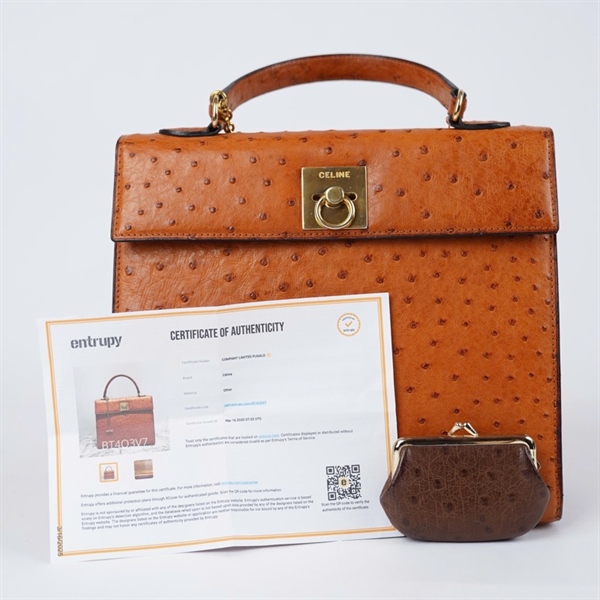 Túi Celine Handle nâu da đà điểu kèm ví sz28 KG+