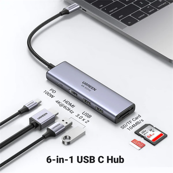 Bộ chuyển đổi 5 in 1 USB-C sang 2*USB 3.0+HDMI+ SD TF và PD hỗ trợ 4K Ugreen ( 60384)