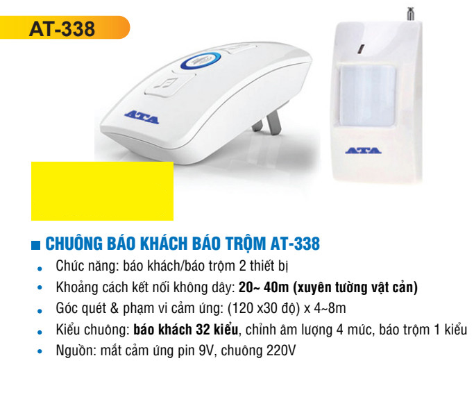 CHUÔNG BÁO KHÁCH -BÁO TRỘM KHÔNG DÂY AT-338- Bh3th