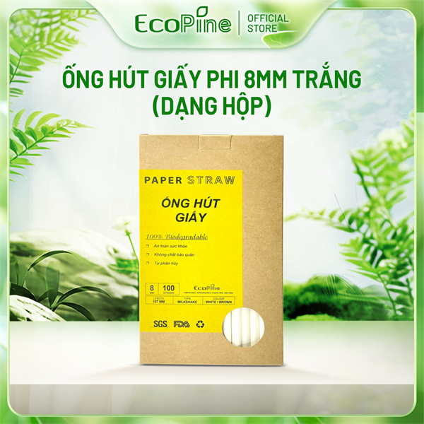 Hộp 100 ống hút giấy phi 8mm trắng