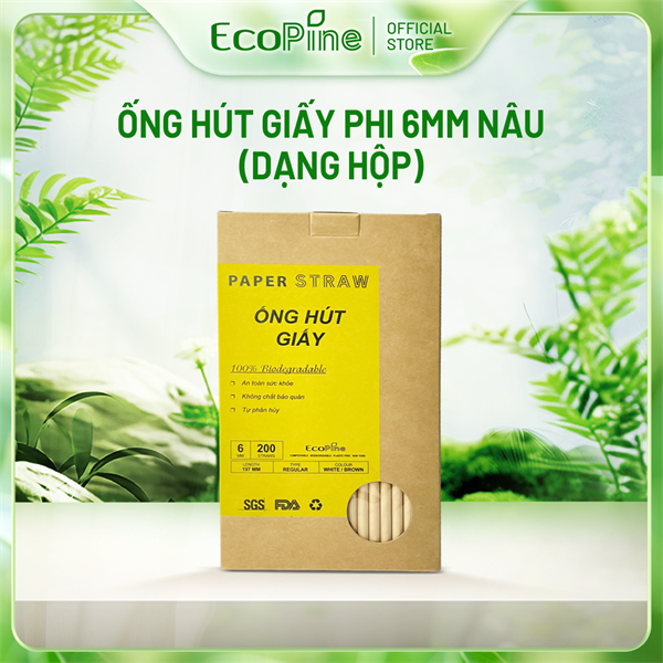 Hộp 200 ống hút giấy phi 6mm màu nâu kraft