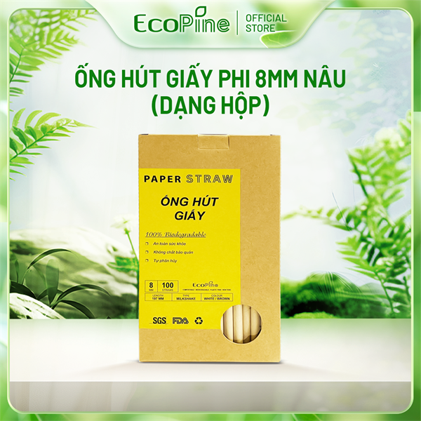 Hộp 100 ống hút giấy phi 8mm màu nâu kraft