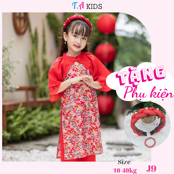 J9 (10-40kg) Áo dài tay bồng đỏ họa tiết chim phượng