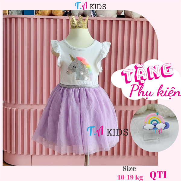 QT1 (10-19kg) Váy thun trắng tùng tím pony