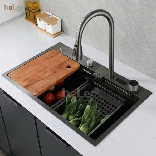 Combo Chậu Và Vòi Rửa Chén Đơn Thác Nước Phủ Nano Đen LC-7546