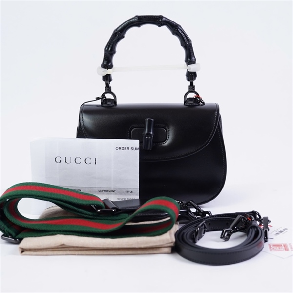 Túi GG Bamboo đen 2 strap (675797-498879) sz20 KG+