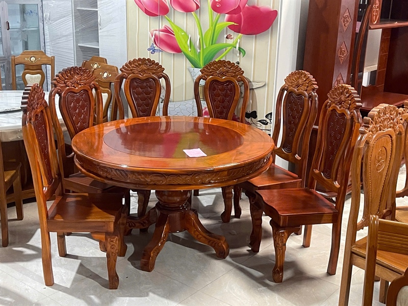 BÀN ĂN GỖ TRÀM TRÒN 8 GHẾ