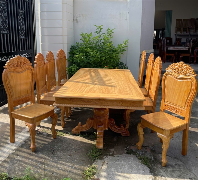 BÀN ĂN GỖ GÕ ĐỎ 8 GHẾ LỚN CHÂN TRỤ 1M1* 2M2