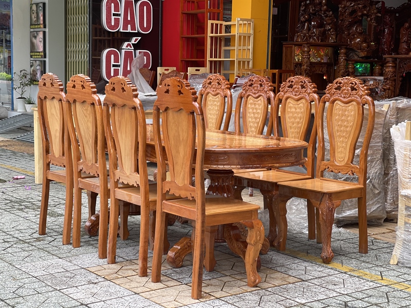 BÀN ĂN GỖ CĂM XE - GÕ ĐỎ 8 GHẾ