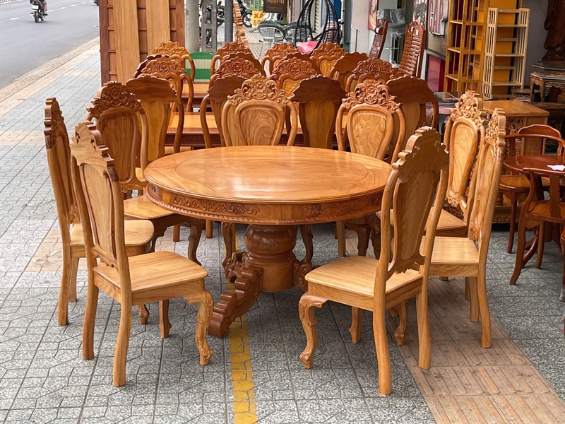 BÀN ĂN GỖ GÕ ĐỎ TRÒN 8 GHẾ CHÂN TRỤ 1M4