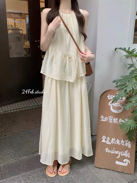 [DN] Set áo tơ babydoll kèm chân váy dài