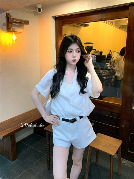 [T] Set áo sơ mi đũi viền ren + quần sooc + đai