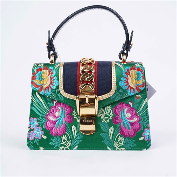 Túi GG Sylvie xanh thêu hoa 2 strap (472107-213317) sz18 (LTB) KG+