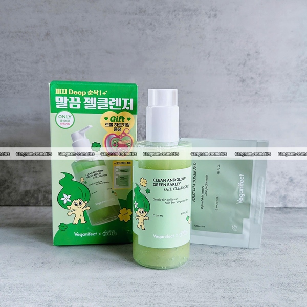 SRM veganifect clean and glow green barley gel cleanser 205ml + tặng 4m toner pad