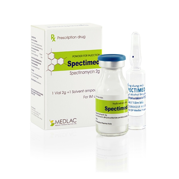 Thuốc bột pha tiêm Spectimed 2g (Spectinomycin 2.g) Medilac pharma italy (điều trị bệnh lậu, các biến chứng do lậu cầu gây ra như ciêm niệu đạo, viêm cổ tử cung...) (H*1lo + 1 ống dung môi)