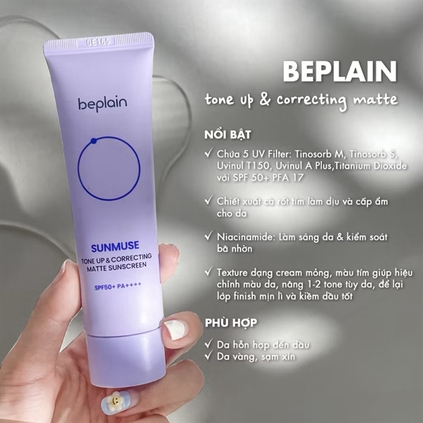 [Tím Nhạt] Kem Chống Chắng Beplain Tone Up & Correcting Matte 50ml - Nâng tone & Kiềm dầu