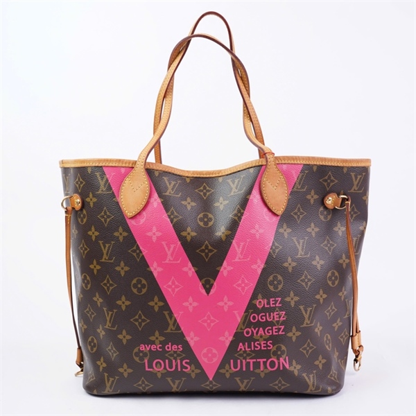 Túi LV Neverfull hoa nâu in chữ hồng kèm ví (CA1175) sz32 (BMC) KG+