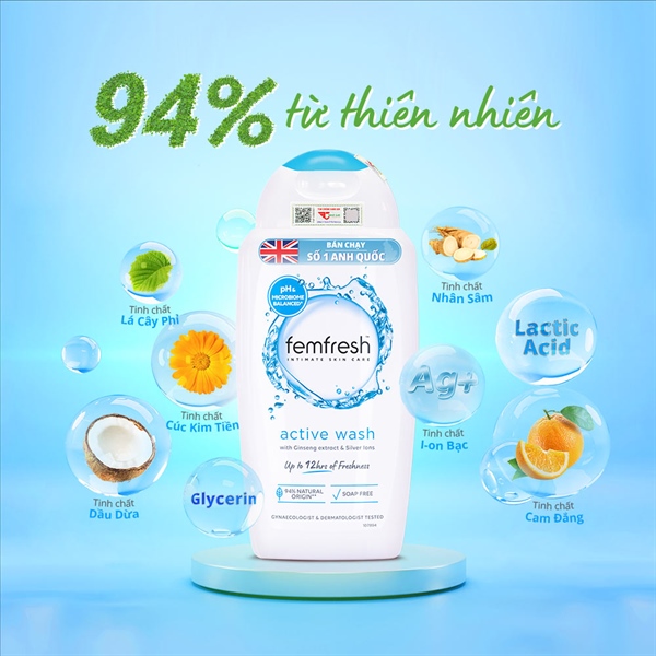 Dung dịch vệ sinh phụ nữ Femfresh Active Wash làm sạch, khử mùi hôi, thơm vùng kín (250ml)
