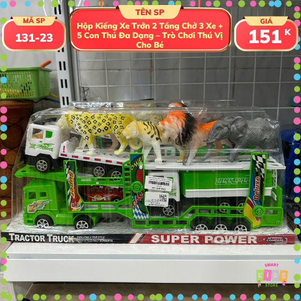 Hộp Kiếng Xe Trớn 2 Tầng Chở 3 Xe + 5 Con Thú Đa Dạng – Trò Chơi Thú Vị Cho Bé
