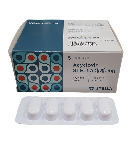 Thuốc Acyclovir Stella 800 mg Stella điều trị nhiễm Herpes simplex, Herpes zoster, thủy đậu (Hộp 10 vỉ x 5 viên) (Hộp)