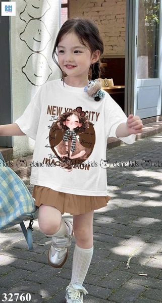 32760 - Set váy áo nâu nơ cô gái + cv xếp ly