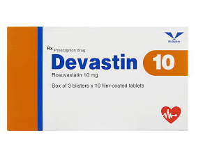 Thuốc Devastin ( rosuvastatim 10mg) Bidiphar điều trị tăng cholesterol máu nguyên phát, rối loạn lipid máu hỗn hợp (3 vỉ x 10 viên)