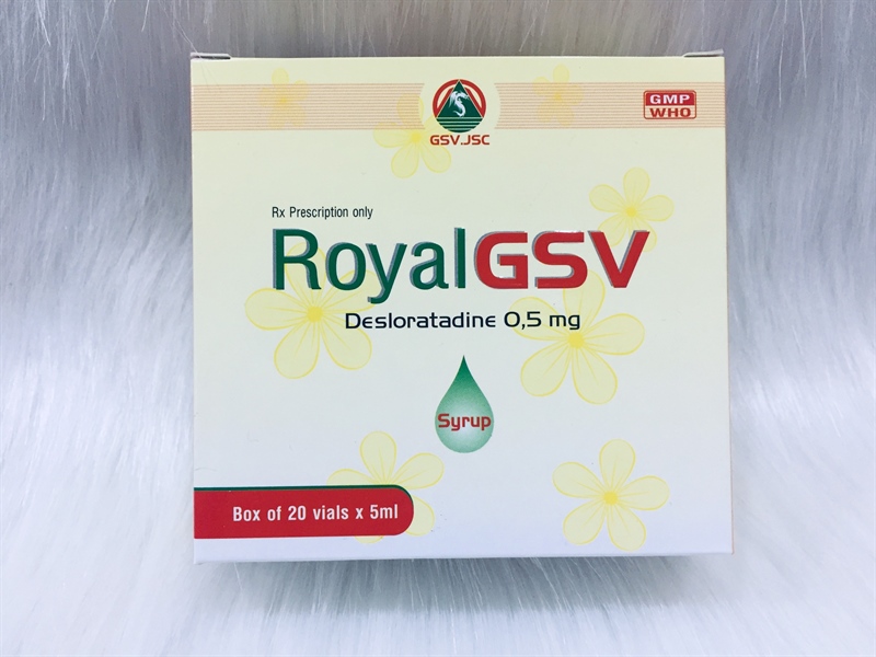 Thuốc RoyalGSV (Desloratadin 0,5mg) - Hà Tây Giảm triệu chứng viêm mũi dị ứng, ngứa, nổi mề đay mãn tính, trị ho - Hộp 20 ống x 5ml (Hộp)