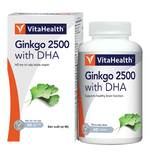 Viên uống VitaHealth Ginkgo 2500 with DHA hỗ trợ chức năng não bộ, tăng cường lưu thông máu não (Lọ 30 viên) - USA