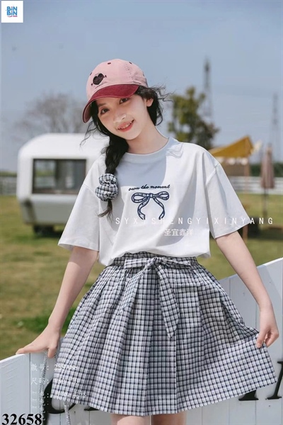 32658 - Set Váy Thêu Nơ the moment+ CV Kẻ+ CT