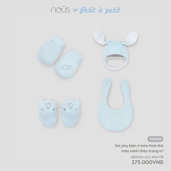 Set phụ kiện 4 món hình thỏ màu xanh thêu trang trí