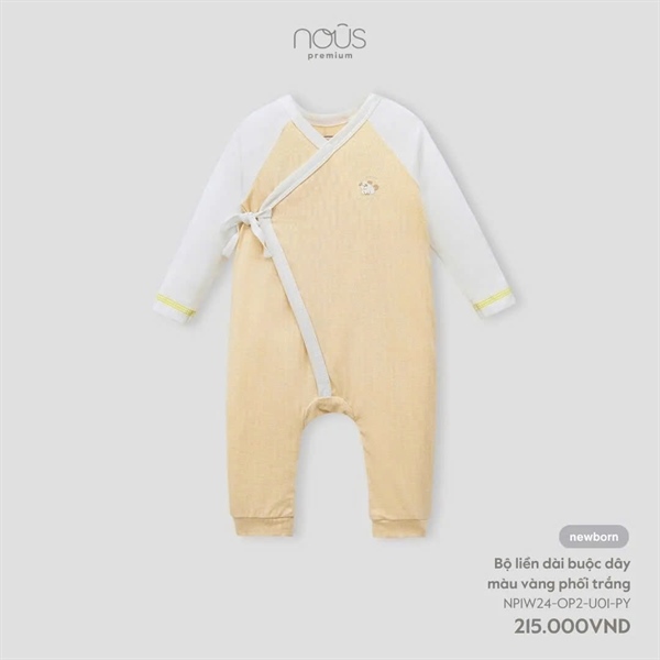 Bộ liền dài buộc dây màu vàng phối trắng NB