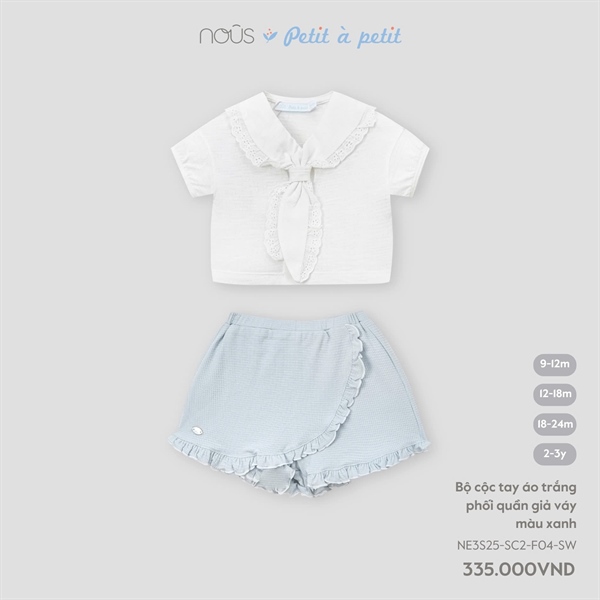 Bộ cộc tay áo trắng phối quần giả váy màu xanh