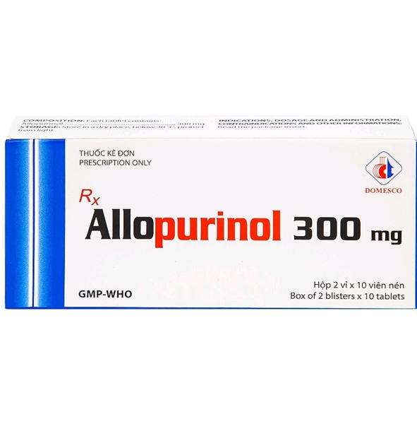 Thuốc Allopurinol 300mg Domesco điều trị tăng acid uric máu, sỏi thận do acid uric (Hộp 2 vỉ x 10 viên) (Vỉ)