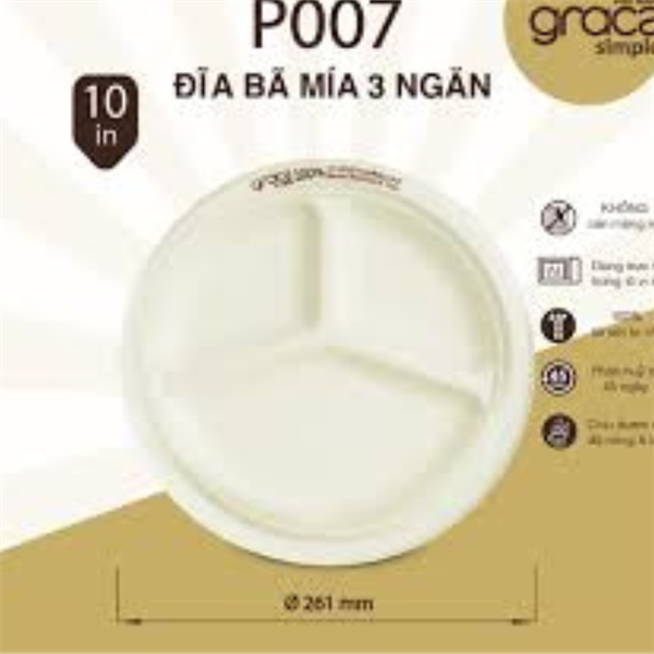 Đĩa giấy 3 ngăn 10 inch (P007) / bã mía