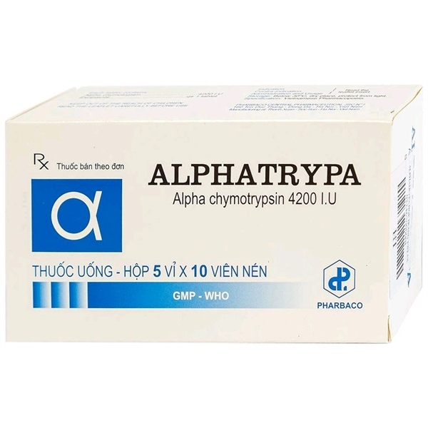 Thuốc Alphatrypa 4200 I.U Pharbaco điều trị phù nề sau chấn thương, phẫu thuật (Hộp 5 vỉ x 10 viên)