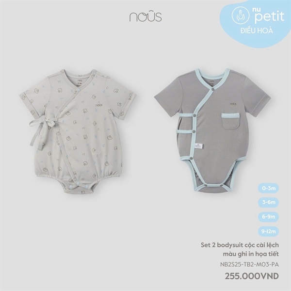 Nous bodysuit cộc cài lệch màu ghi in họa tiết set2 - Ghi