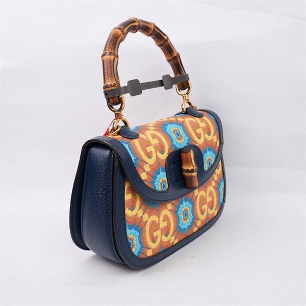 Túi GG Bamboo vàng họa tiết xanh kèm gương (678489-000926) sz26 KG+