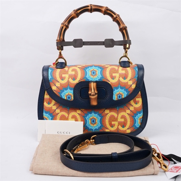 Túi GG Bamboo vàng họa tiết xanh kèm gương (678489-000926) sz26 KG+