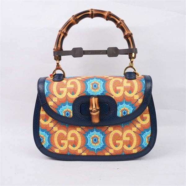 Túi GG Bamboo vàng họa tiết xanh kèm gương (678489-000926) sz26 KG+