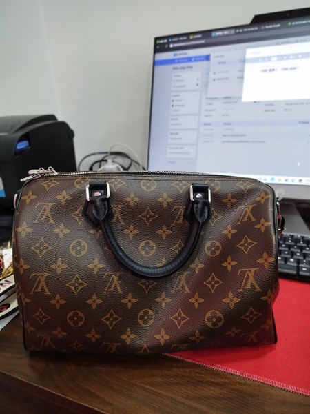 Túi LV Speedy hoa nâu kèm xích charm có ổ khóa ko chìa sz31 (A-T) KG+