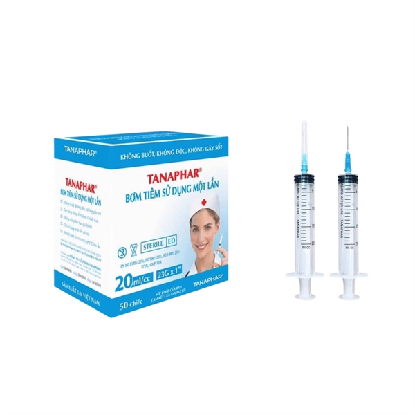 Bơm tiêm 20ml/cc (Kim 23G x 1'') Tanaphar Bơm tiêm sử dụng một lần (Kiện*16H*50cái)